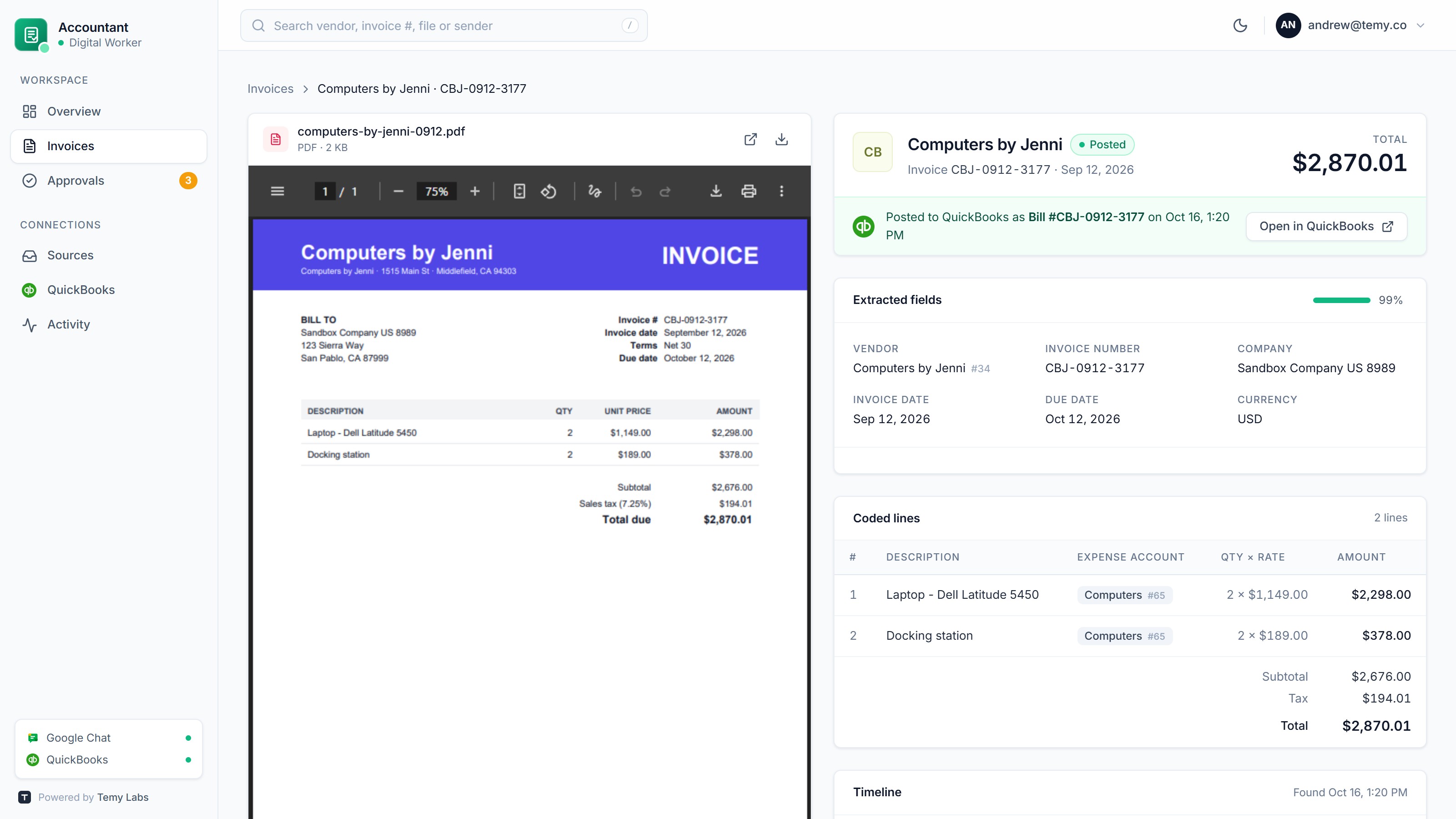 Oracul accountant agent: one coded invoice